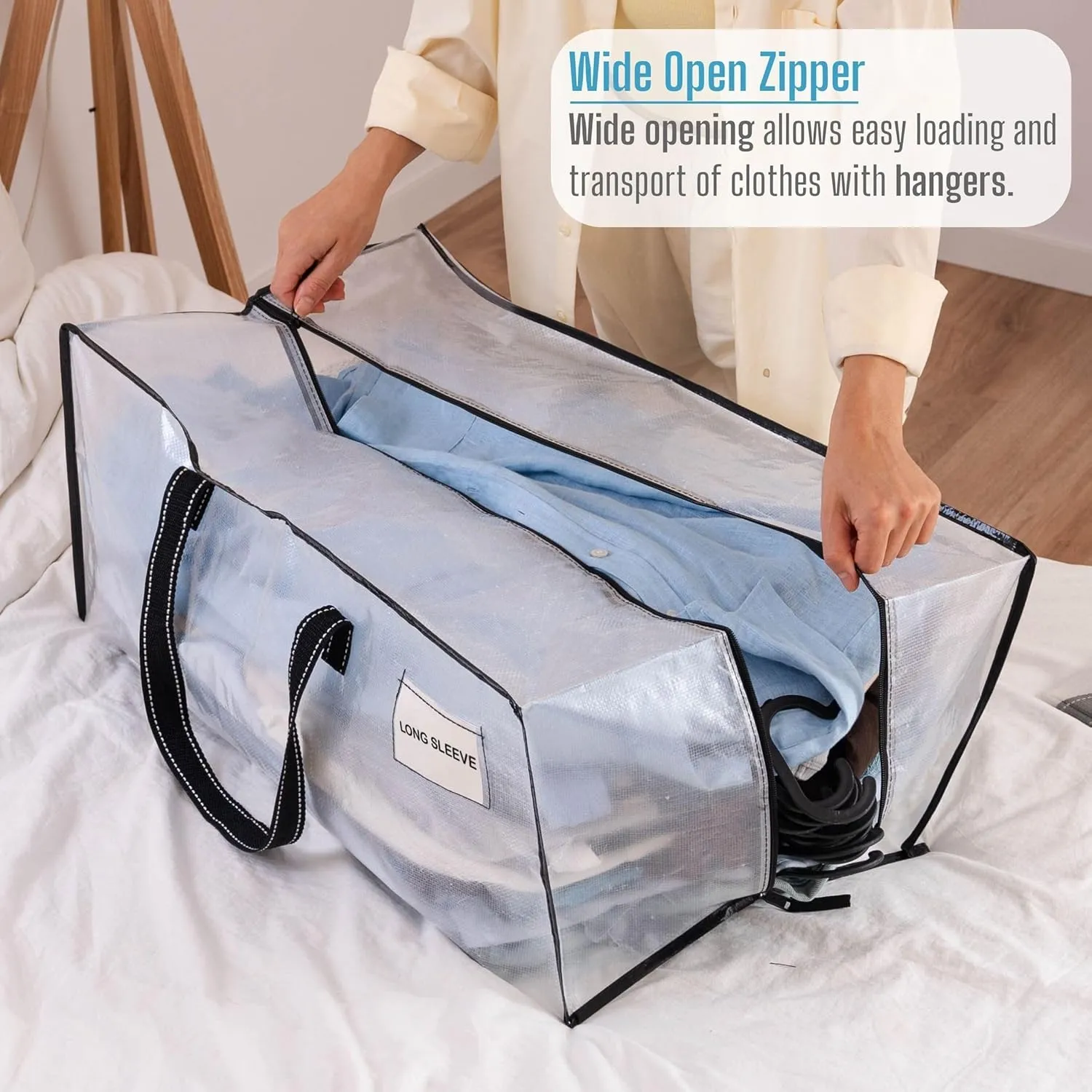 VENO 4 Pack Moving Bags Extra Large Storage Bags for College Move-In, Heavy-Duty Storage Totes, Packing Boxes, and Wardrobe Moving Supplies - Durable Laundry Bags for Clothes (Clear, 4 Pack)