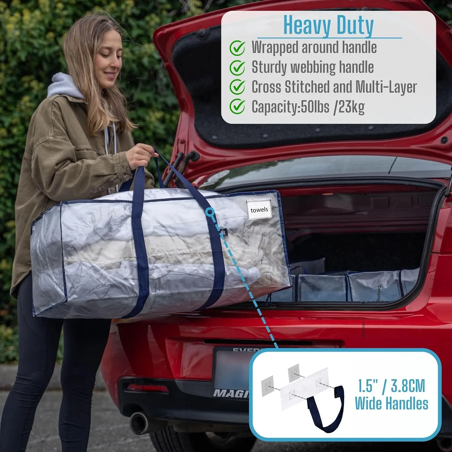 VENO 4 Pack Moving Bags Plastic Storage Totes Clothes Organization Large W Lid/Zipper. Packing Boxes/Bins Alternative. Space Saving Foldable College Supplies Essentials (Clear, 4 Pack)