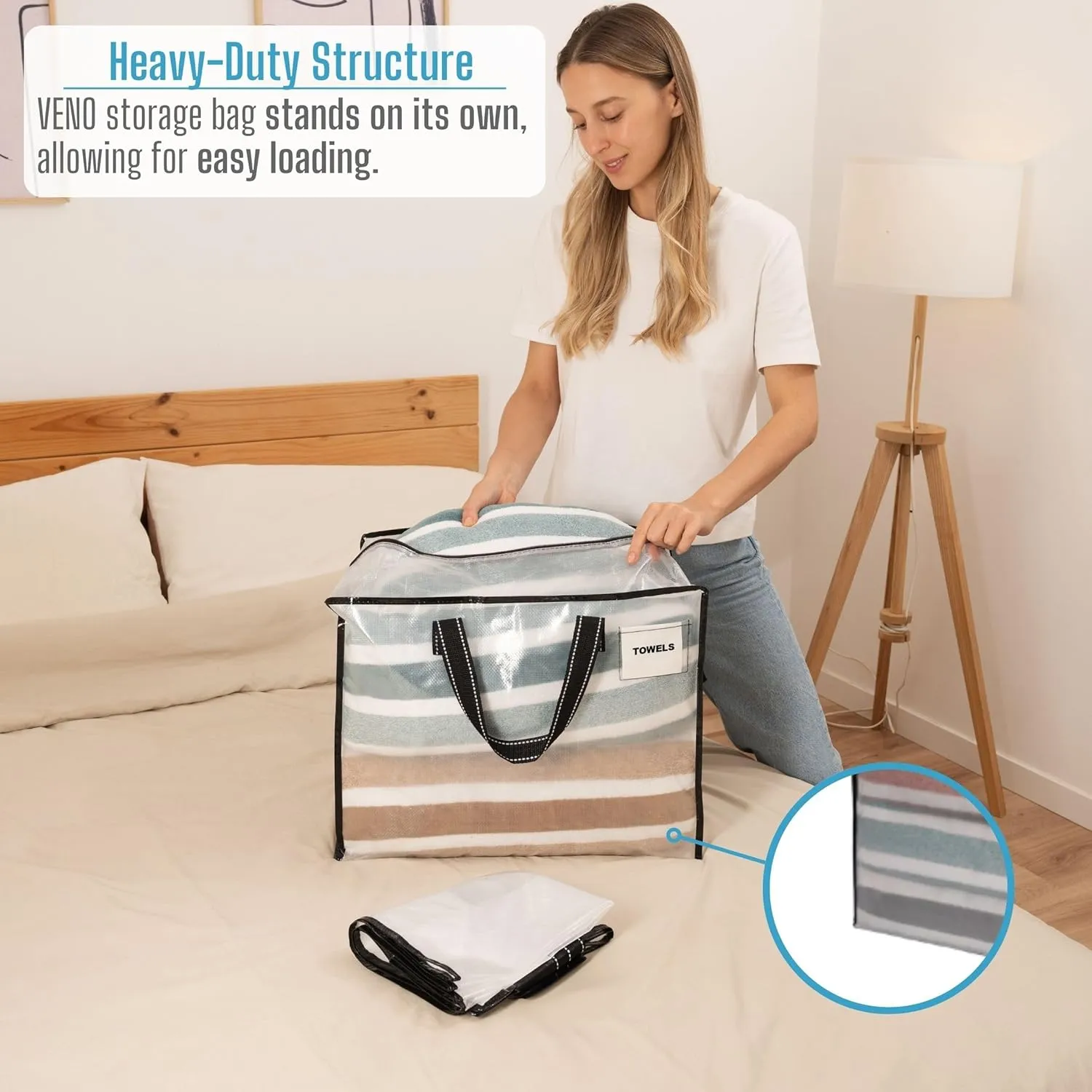 VENO 6 Pack Heavy Duty Moving Bags, Storage Bags, Packing Supplies, Top Zipper, Storage Totes for Camping, Clothes, Bedding, Comforters, Pillows (13 Gallon Clear, 6 Pack)