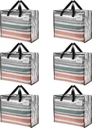 VENO 6 Pack Heavy Duty Moving Bags, Storage Bags, Packing Supplies, Top Zipper, Storage Totes for Camping, Clothes, Bedding, Comforters, Pillows (13 Gallon Clear, 6 Pack)