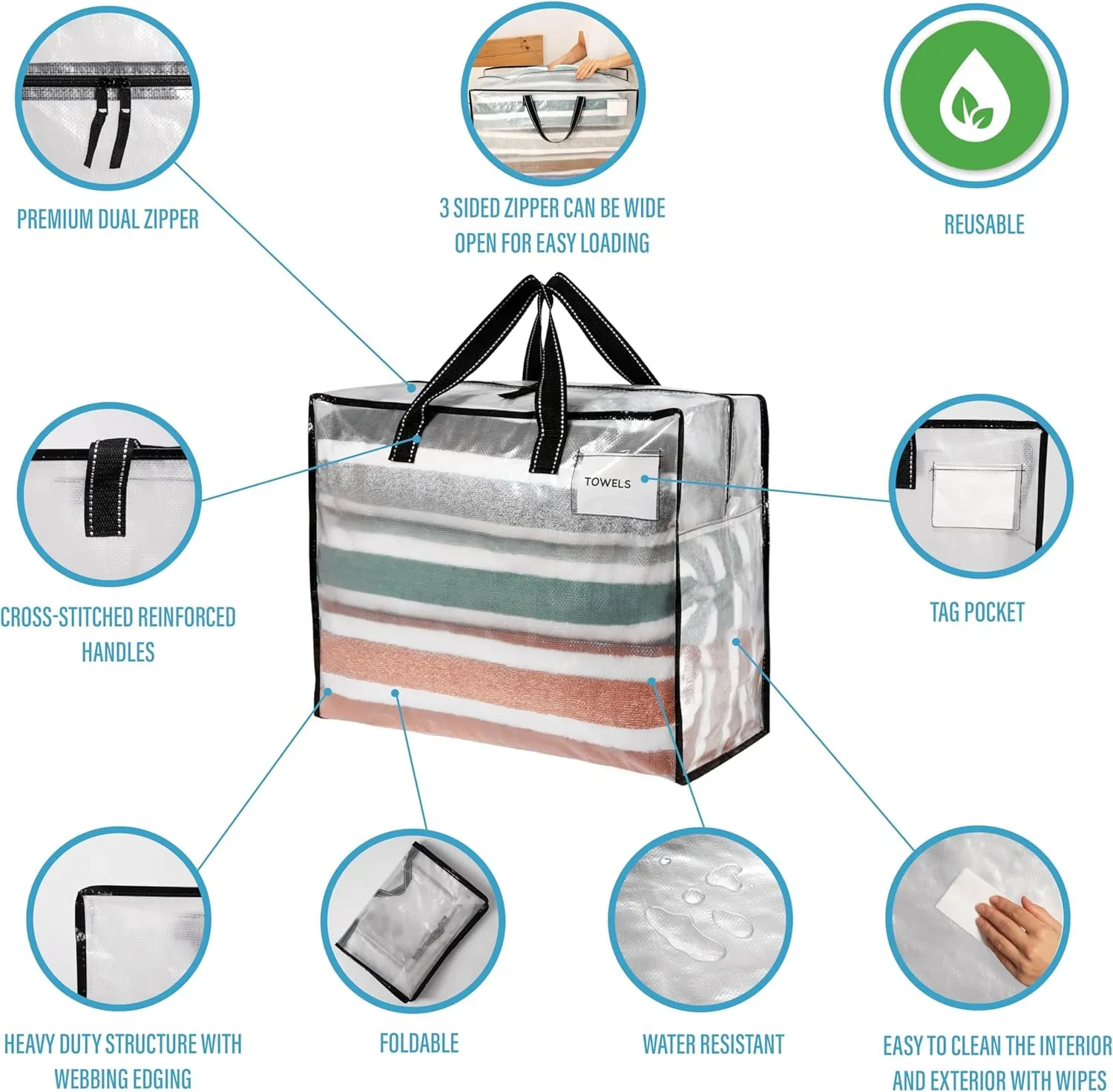 VENO 6 Pack Heavy Duty Moving Bags, Storage Bags, Packing Supplies, Top Zipper, Storage Totes for Camping, Clothes, Bedding, Comforters, Pillows (13 Gallon Clear, 6 Pack)