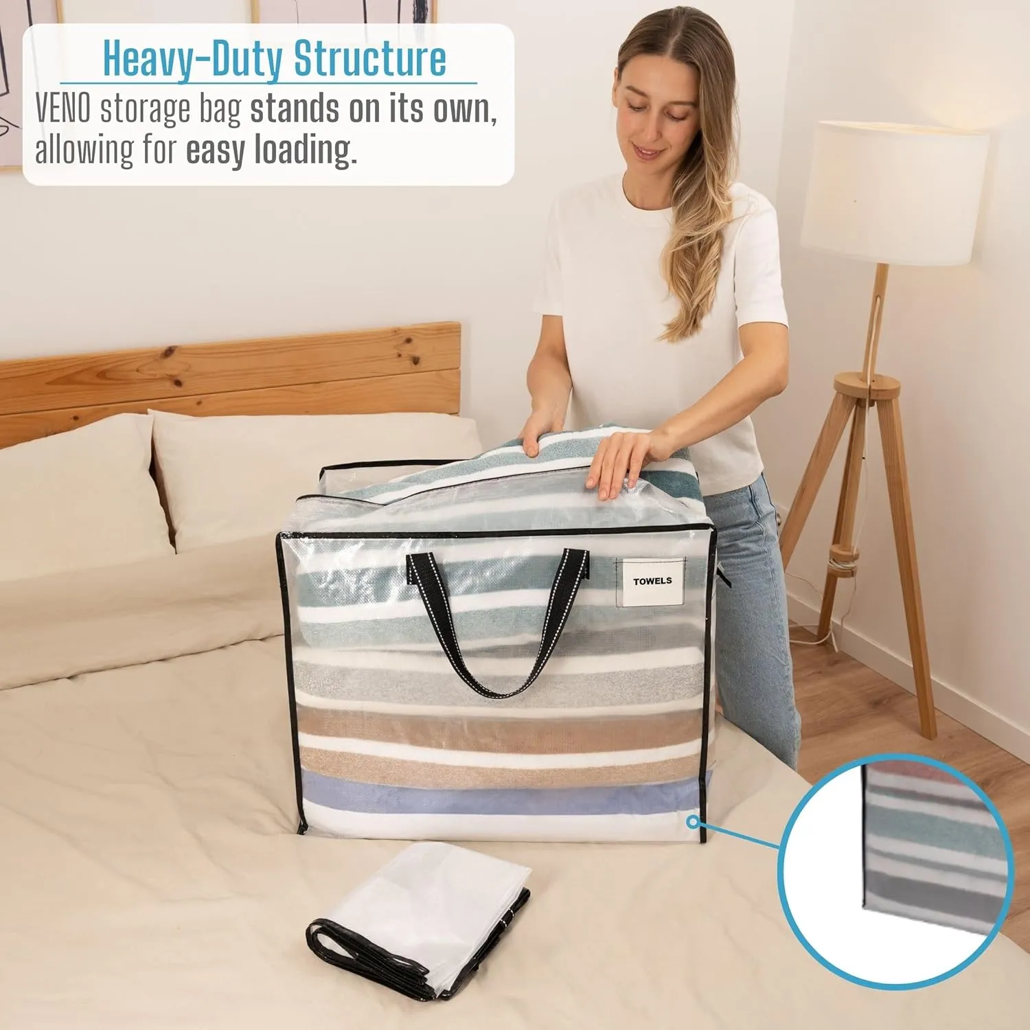 VENO 6 Pack Heavy Duty Moving Bags, Storage Bags, Packing Supplies, Top Zipper, Storage Totes for Camping, Clothes, Bedding, Comforters, Pillows (22 Gallon Clear, 6 Pack)