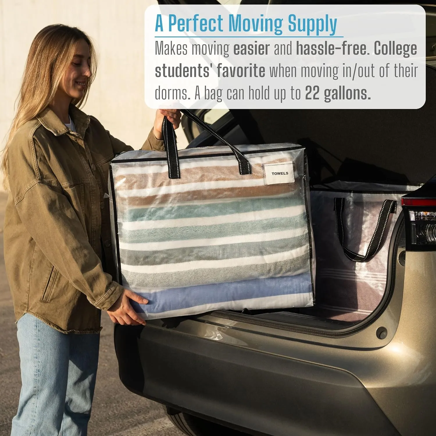 VENO 6 Pack Heavy Duty Moving Bags, Storage Bags, Packing Supplies, Top Zipper, Storage Totes for Camping, Clothes, Bedding, Comforters, Pillows (22 Gallon Clear, 6 Pack)