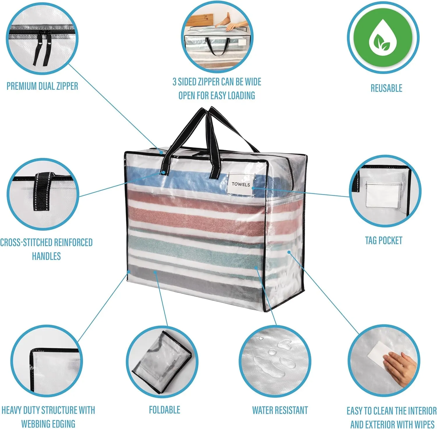 VENO 6 Pack Heavy Duty Moving Bags, Storage Bags, Packing Supplies, Top Zipper, Storage Totes for Camping, Clothes, Bedding, Comforters, Pillows (22 Gallon Clear, 6 Pack)