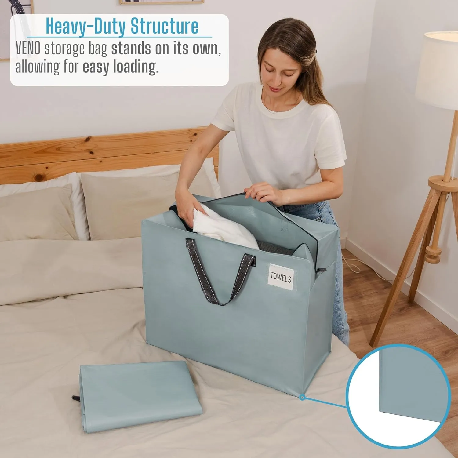 VENO 6 Pack Heavy Duty Moving Bags, Storage Bags, Packing Supplies, Top Zipper, Storage Totes for Camping, Clothes, Bedding, Comforters, Pillows (22 Gallon Light Blue, 6 Pack)