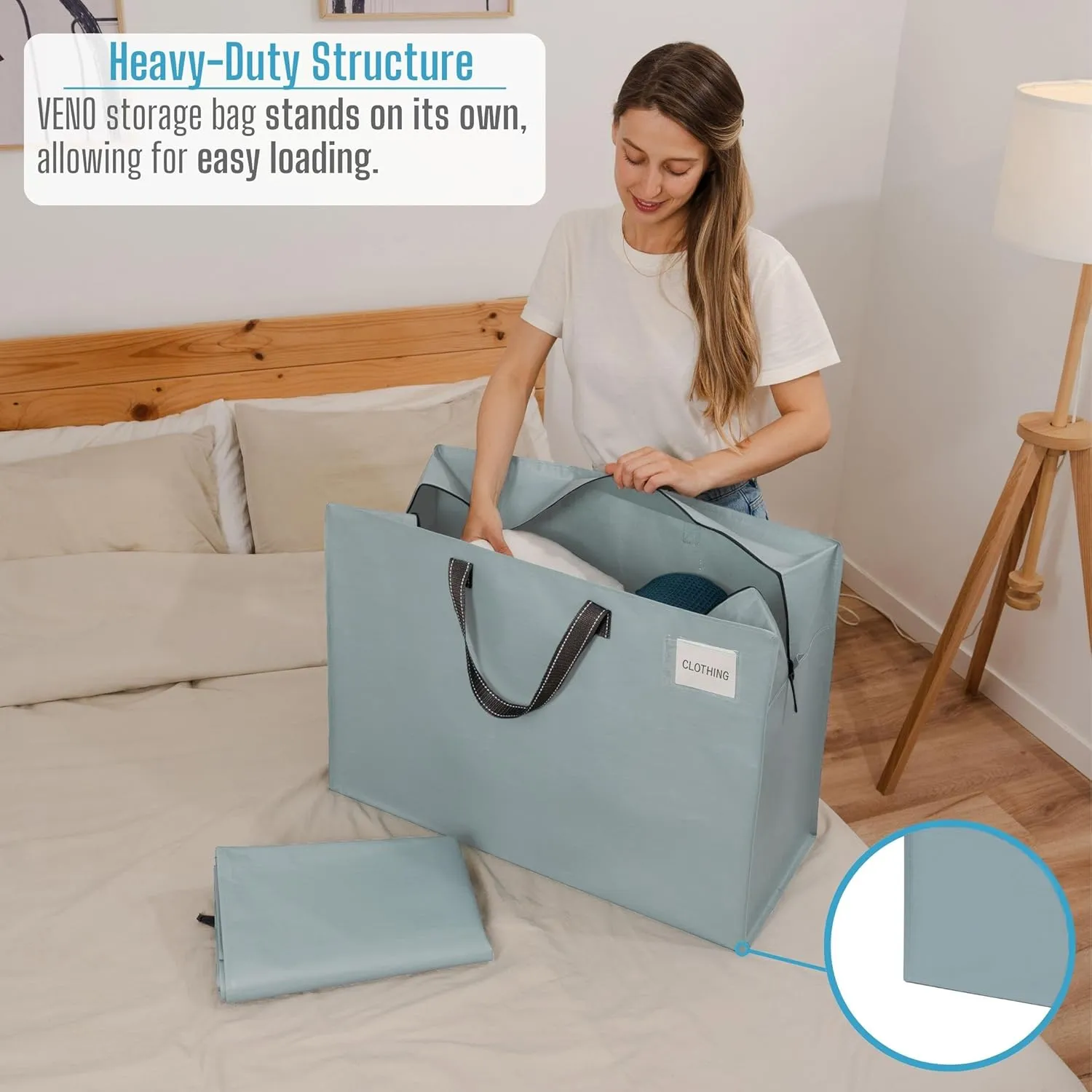 VENO 6 Pack Heavy Duty Moving Bags, Storage Bags, Packing Supplies, Top Zipper, Storage Totes for Camping, Clothes, Bedding, Comforters, Pillows (27 Gallon Light Blue, 6 Pack)