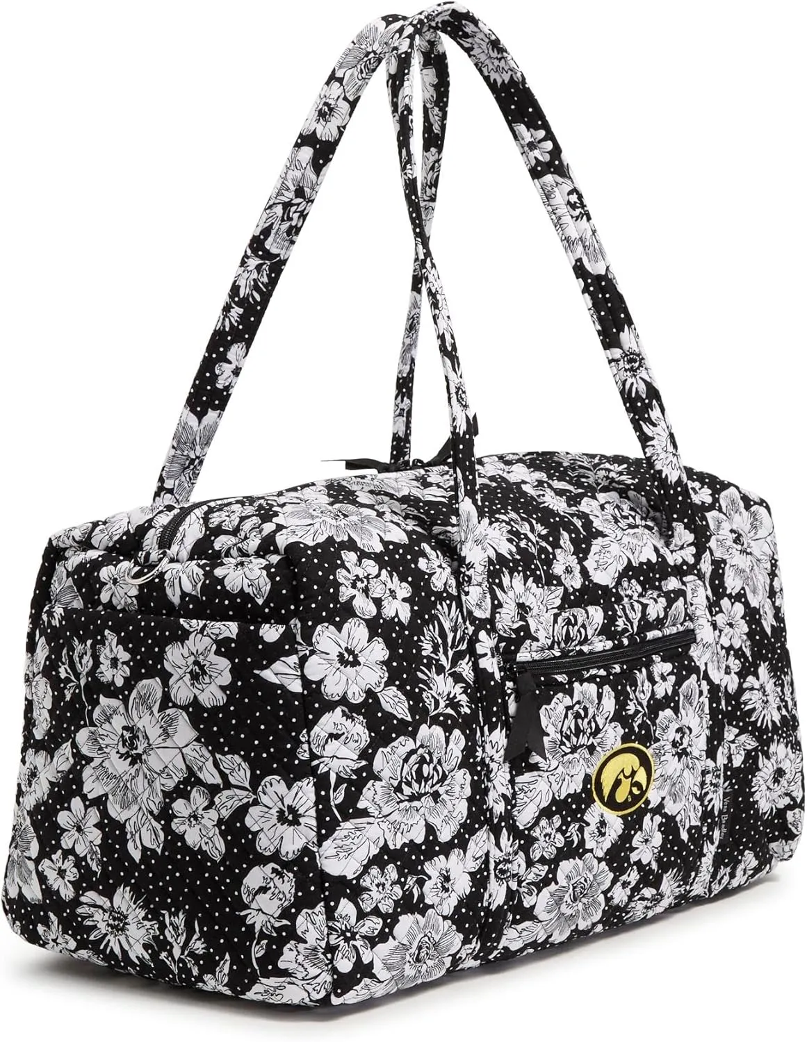 Vera Bradley Women's Cotton Collegiate Large Travel Duffle Bag (Multiple Teams Available), Black/White Rain Garden With University of Iowa - Recycled Cotton, One Size