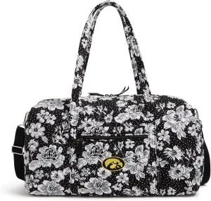 Vera Bradley Women's Cotton Collegiate Large Travel Duffle Bag (Multiple Teams Available), Black/White Rain Garden With University of Iowa - Recycled Cotton, One Size