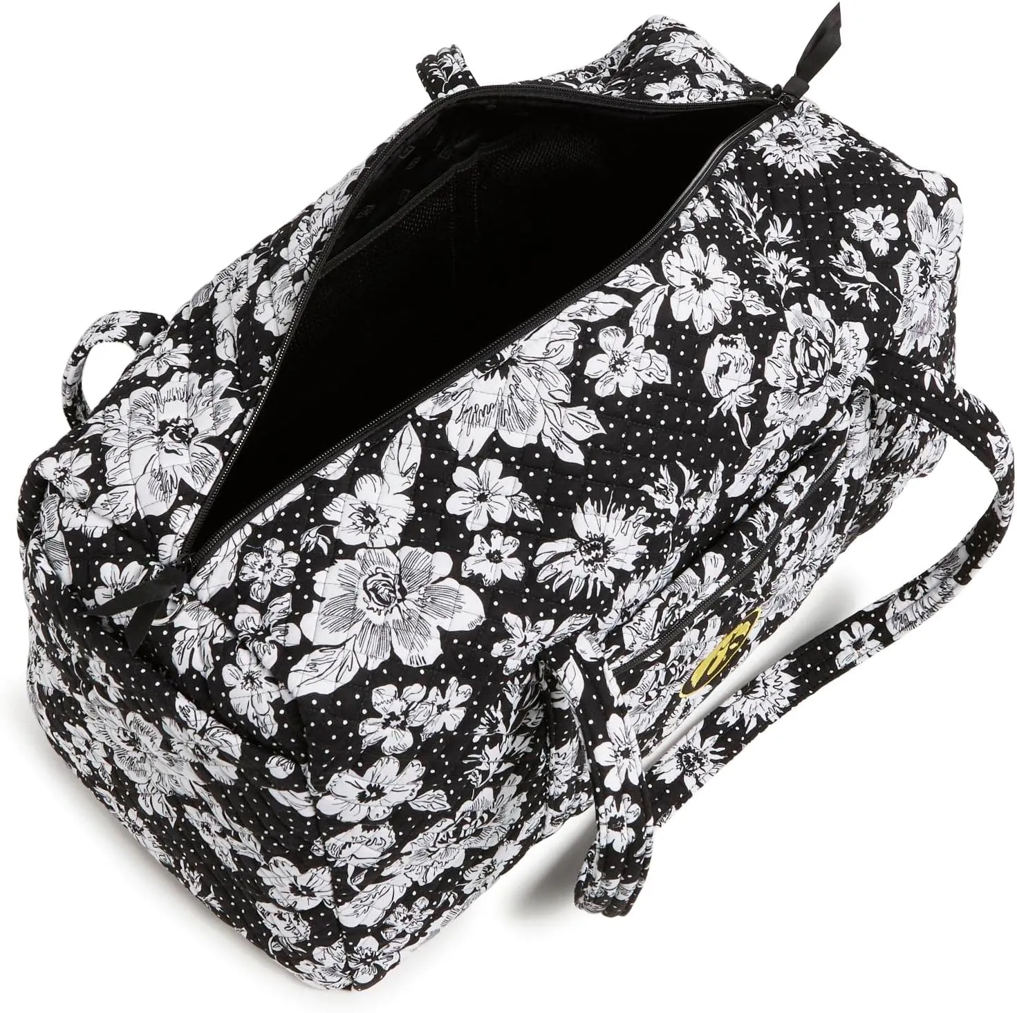 Vera Bradley Women's Cotton Collegiate Large Travel Duffle Bag (Multiple Teams Available), Black/White Rain Garden With University of Iowa - Recycled Cotton, One Size