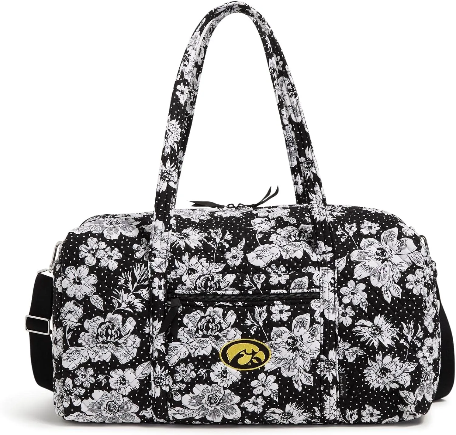 Vera Bradley Women's Cotton Collegiate Large Travel Duffle Bag (Multiple Teams Available), Black/White Rain Garden With University of Iowa - Recycled Cotton, One Size