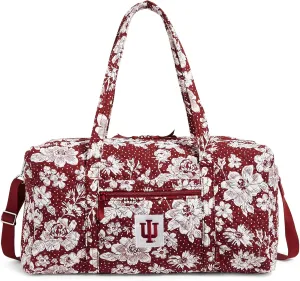 Vera Bradley Women's Cotton Collegiate Large Travel Duffle Bag (Multiple Teams Available), Indiana University Cardinal/White Rain Garden - Recycled Cotton, One Size