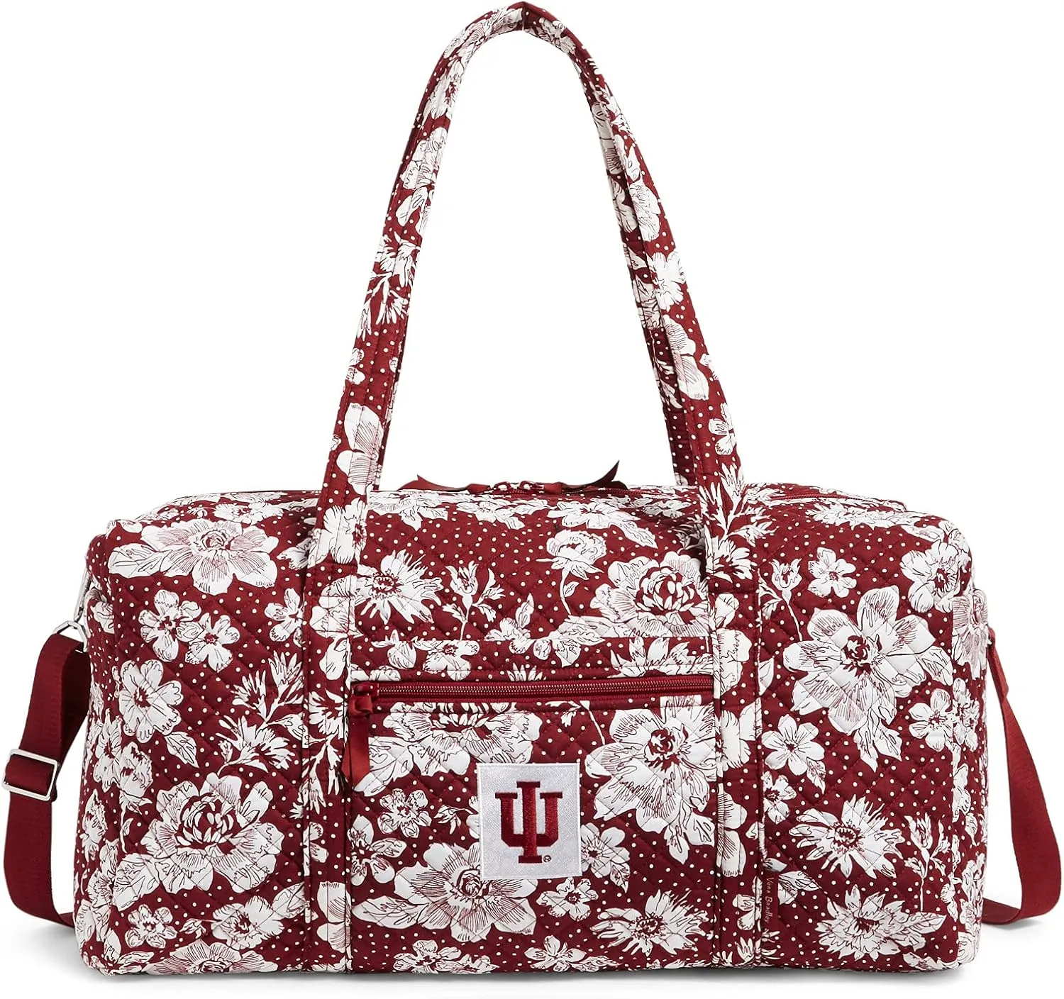 Vera Bradley Women's Cotton Collegiate Large Travel Duffle Bag (Multiple Teams Available), Indiana University Cardinal/White Rain Garden - Recycled Cotton, One Size
