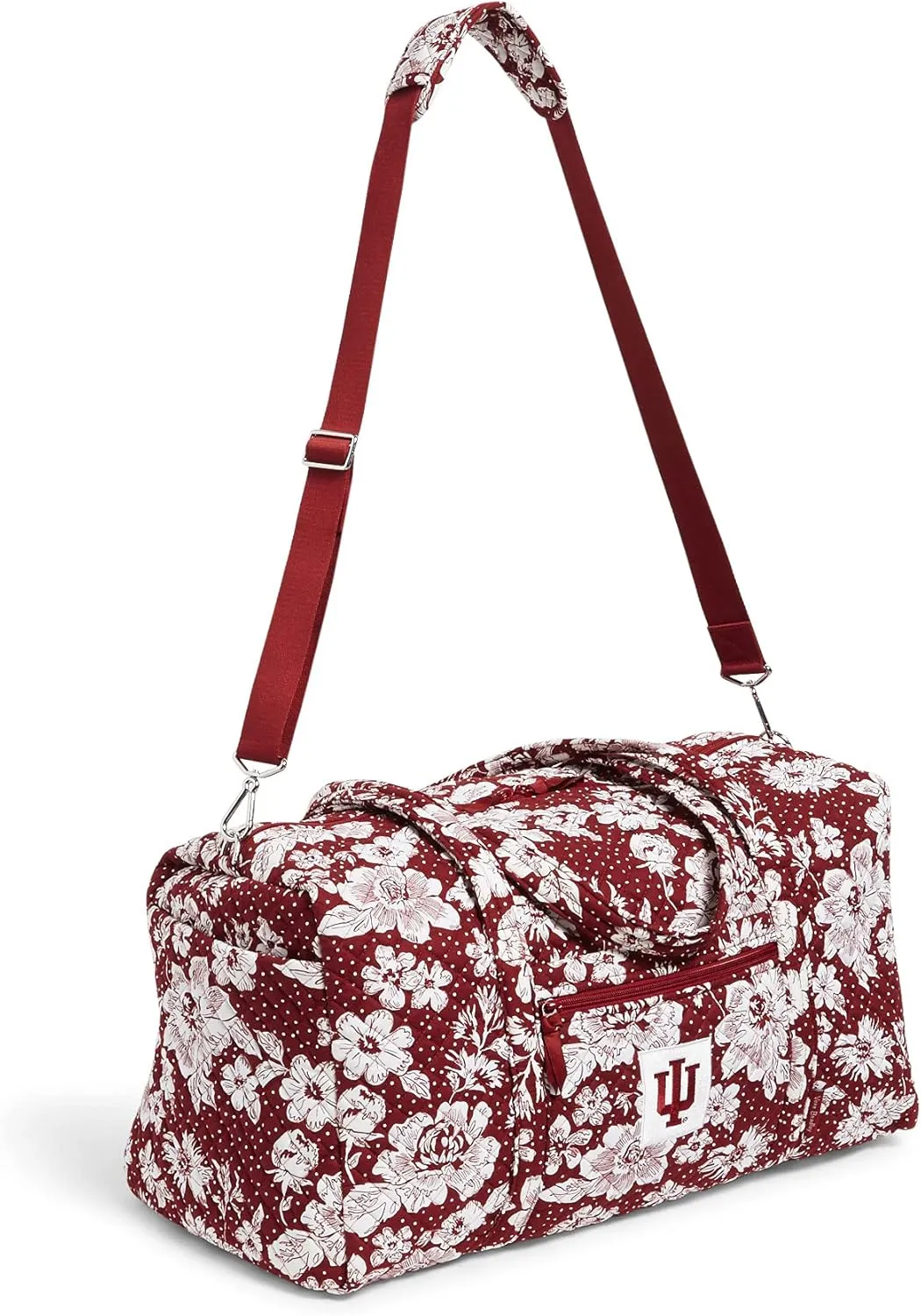Vera Bradley Women's Cotton Collegiate Large Travel Duffle Bag (Multiple Teams Available), Indiana University Cardinal/White Rain Garden - Recycled Cotton, One Size