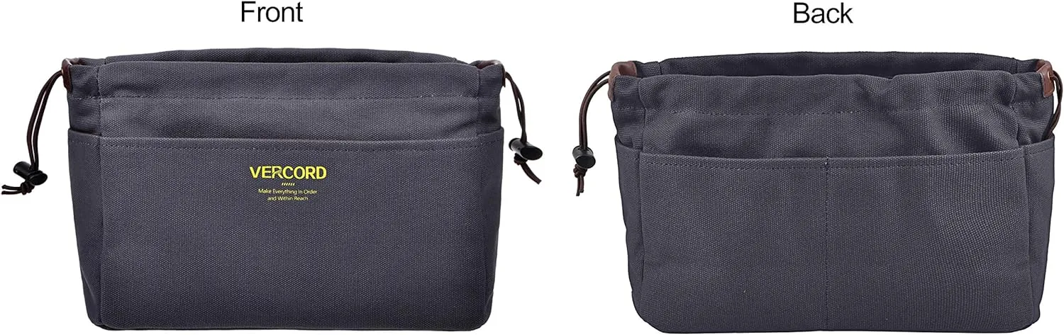 Vercord Canvas Handbag Organizers, Sturdy Purse Insert Organizer Bag in Bag, 10 Pockets Grey Large