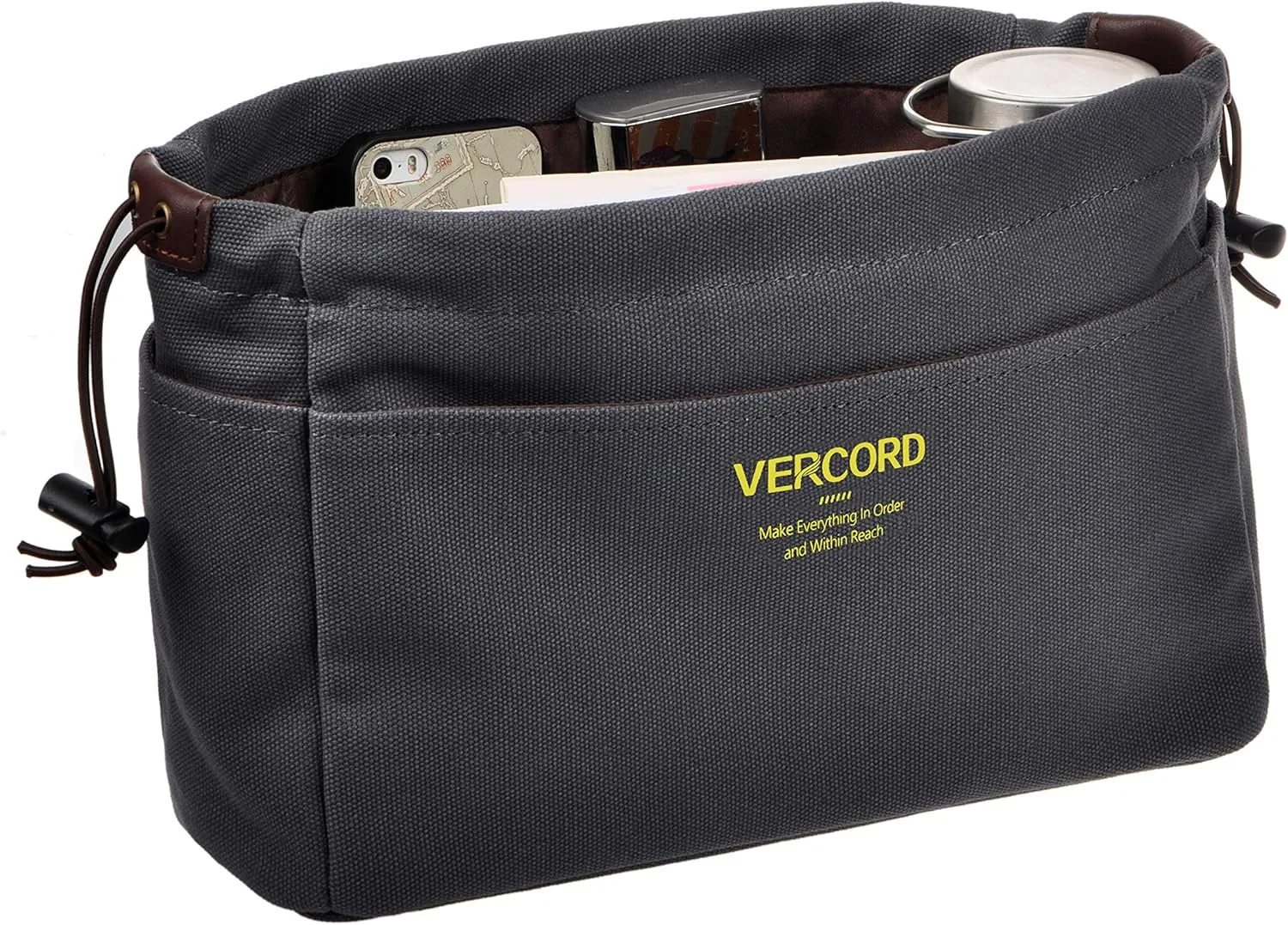 Vercord Canvas Handbag Organizers, Sturdy Purse Insert Organizer Bag in Bag, 10 Pockets Grey Large