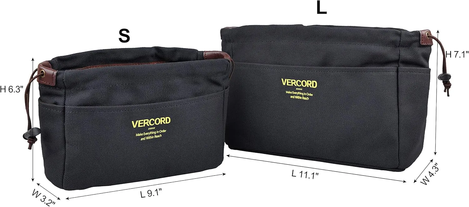 Vercord Canvas Handbag Organizers, Sturdy Purse Insert Organizer Bag in Bag, 10 Pockets Grey Large