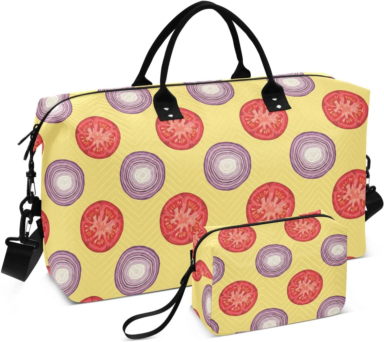 VIGTRO Travel Duffel Bag Weekender Overnight Bag with Toiletry Bag Vegetable Onion Tomato Slices Printed, Carry On Luggage Bag for Hospital Gym Travel Business, 2 Pcs Set