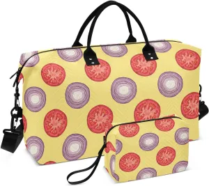 VIGTRO Travel Duffel Bag Weekender Overnight Bag with Toiletry Bag Vegetable Onion Tomato Slices Printed, Carry On Luggage Bag for Hospital Gym Travel Business, 2 Pcs Set
