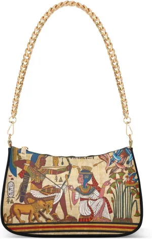 Vintage Antique Egyptian Papyrus Hieroglyph Shoulder Handbags for Women Travel Hobo Tote Handbag Women Gold Chain Shoulder Bags Purse with Zipper Closure