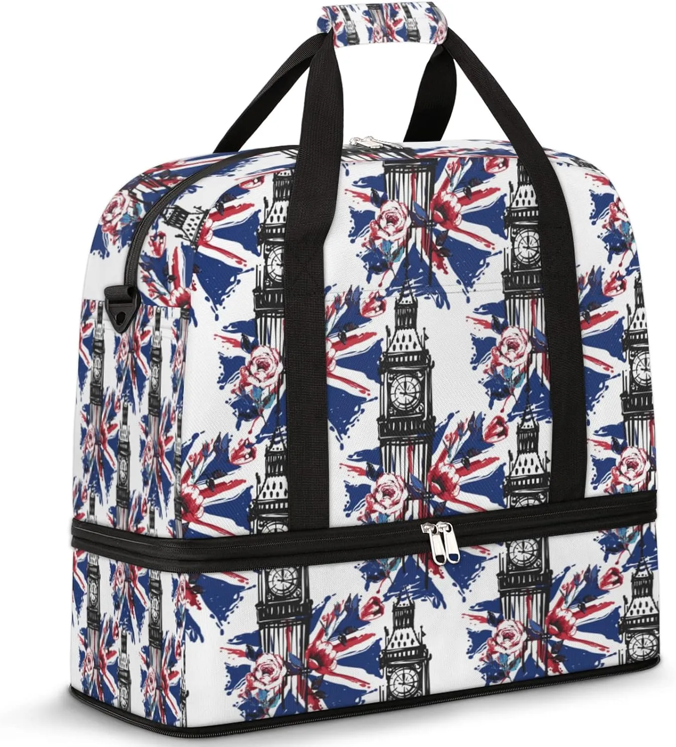 Vintage British Big Ben Rose Flag Foldable Travel Duffel Bag Tote Carry on Luggage Sport Duffle for Women Men Gym Bag Overnight Weekender Bags with Shoe Compartments and Shoulder Strap