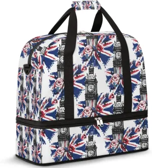 Vintage British Big Ben Rose Flag Foldable Travel Duffel Bag Tote Carry on Luggage Sport Duffle for Women Men Gym Bag Overnight Weekender Bags with Shoe Compartments and Shoulder Strap
