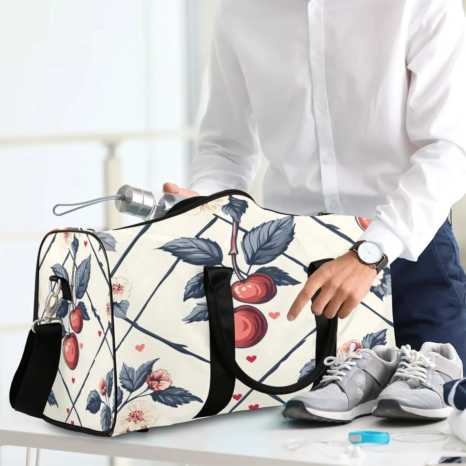Vintage Cherry Duffle Bag for Travel, Overnight Weekend Gym Carry On Luggage Bag, Cherry Travel Duffel Bag for Men Women