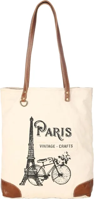 vintage crafts Paris Debonair Upcycled Canvas & Leather Tote Bag Shoulder Handbag for Woman with Handles (White)