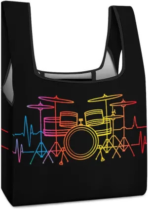 Vintage Drum Set Heartbeat Drumming Band Grocery Shopping Bags Foldable Tote Bags Casual Handbags Purses Work Bag for Women
