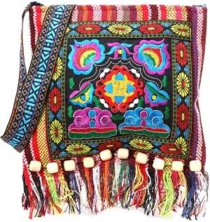 Vintage Ethnic Tribal Embroidered Tassel Sling Crossbody Boho Hippie Shoulder Bag