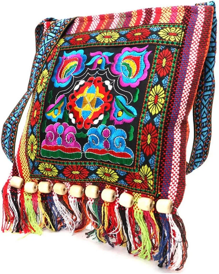 Vintage Ethnic Tribal Embroidered Tassel Sling Crossbody Boho Hippie Shoulder Bag