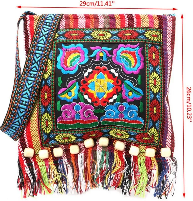 Vintage Ethnic Tribal Embroidered Tassel Sling Crossbody Boho Hippie Shoulder Bag