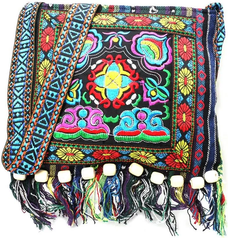 Vintage Ethnic Tribal Embroidered Tassel Sling Crossbody Boho Hippie Shoulder Bag