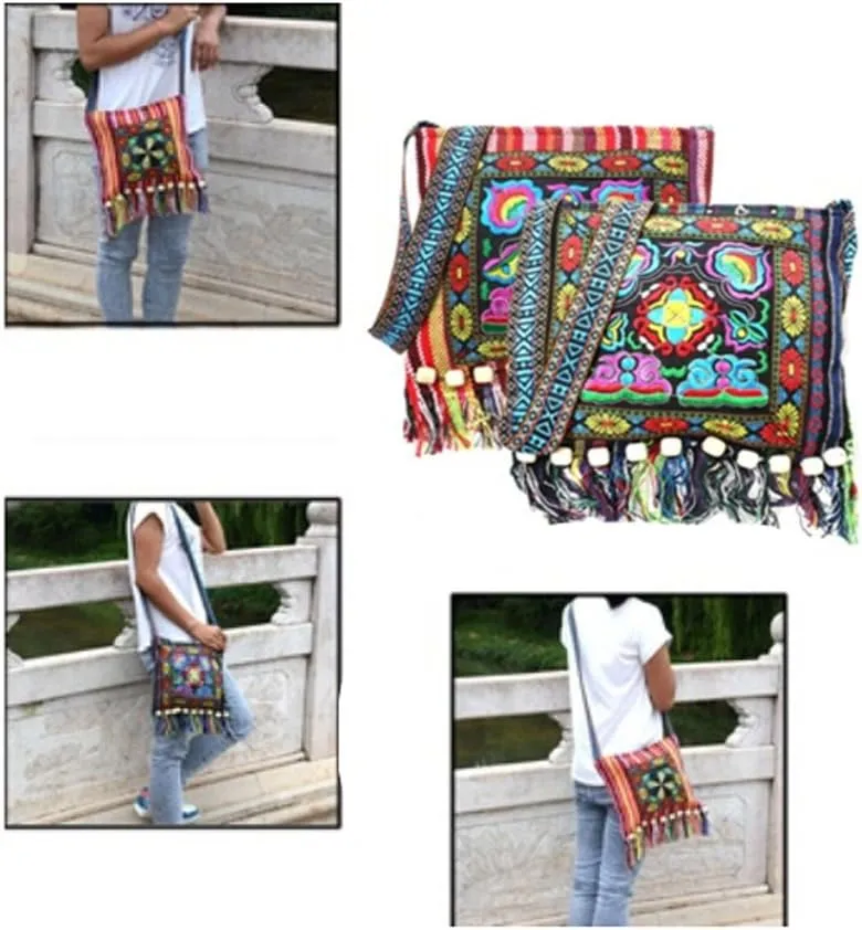Vintage Ethnic Tribal Embroidered Tassel Sling Crossbody Boho Hippie Shoulder Bag