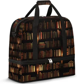 Vintage Library Bookshelf Travel Duffle Bag Durable Weekender Bag with Shoes Compartment Lightweight Overnight Bag Sports Dance Gym Tote Bag for Women and Men Carry on Luggage