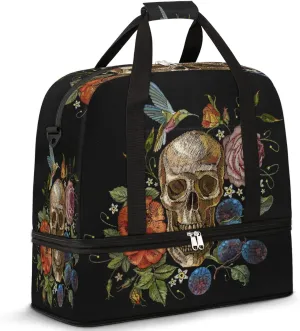 Vintage Skull Hummingbird Flower Floral Foldable Travel Duffel Bag Tote Carry on Luggage Sport Duffle for Women Men Gym Bag Overnight Weekender Bags with Shoe Compartments and Shoulder Strap