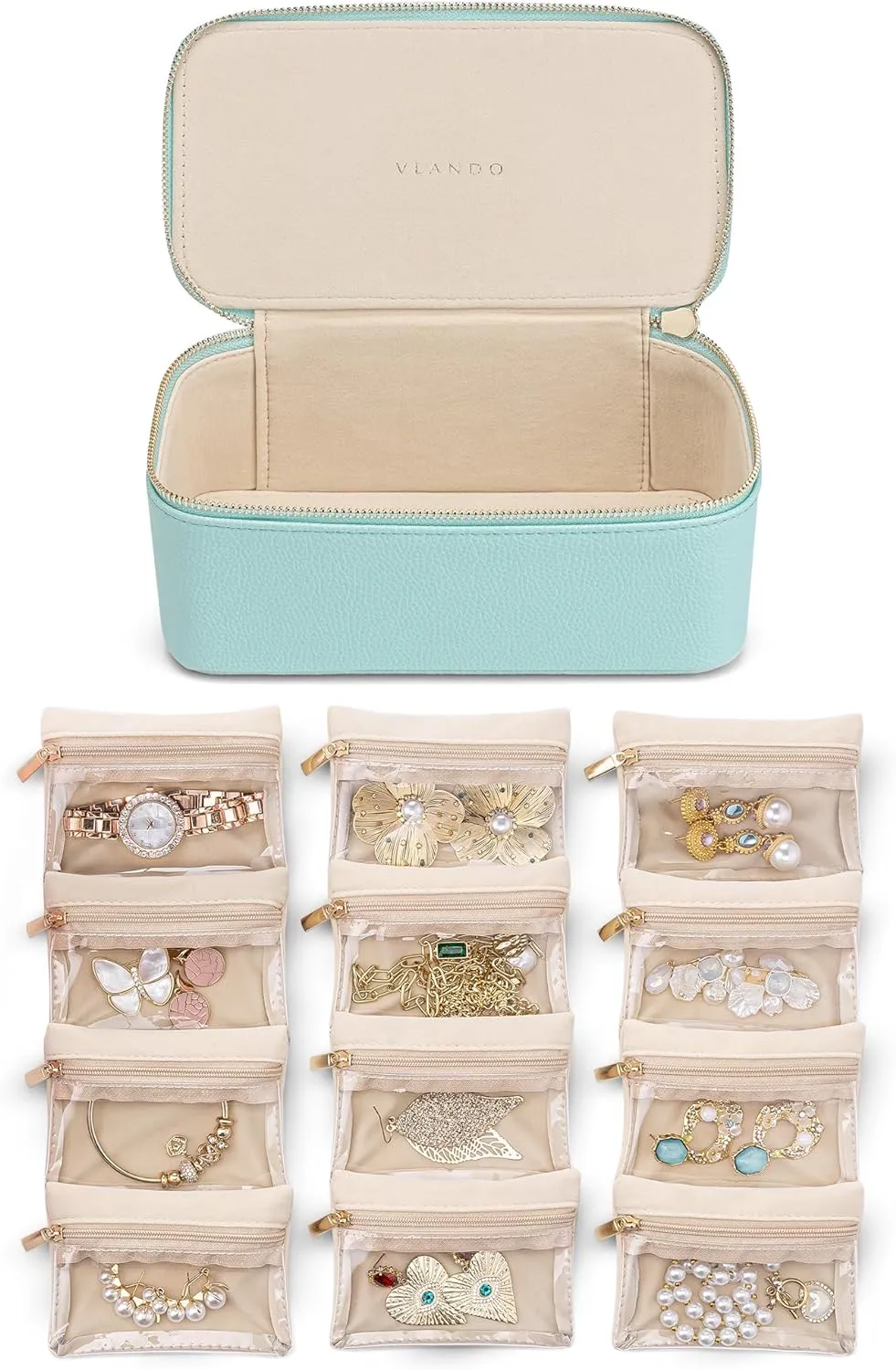 Vlando Travel Jewelry Organizer with 12 Velvet Jewelry Bags Travel Jewelry Case for Girls Jewelry Storage Necklace Rings Earrings Bags Gifts for Women Daughter Friends(Lake Blue)
