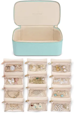 Vlando Travel Jewelry Organizer with 12 Velvet Jewelry Bags Travel Jewelry Case for Girls Jewelry Storage Necklace Rings Earrings Bags Gifts for Women Daughter Friends(Lake Blue)
