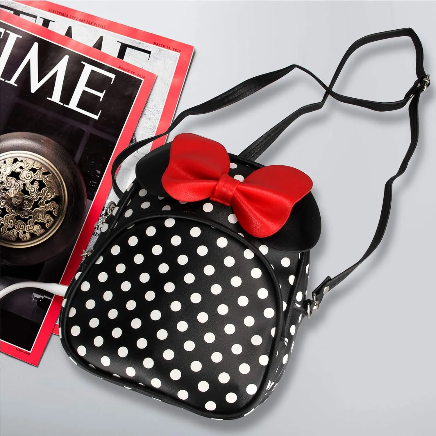 Voikukka Kids Black Crossbody Purse Mini Cute Minnie Mouse Backpacks Purse for Toddlers Daypack Little Girls Small Leather Wallet, 8.7 x 7 x 3.5 inch