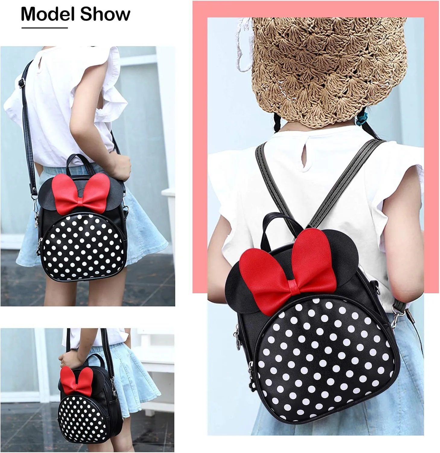 Voikukka Kids Black Crossbody Purse Mini Cute Minnie Mouse Backpacks Purse for Toddlers Daypack Little Girls Small Leather Wallet, 8.7 x 7 x 3.5 inch