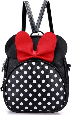 Voikukka Kids Black Crossbody Purse Mini Cute Minnie Mouse Backpacks Purse for Toddlers Daypack Little Girls Small Leather Wallet, 8.7 x 7 x 3.5 inch