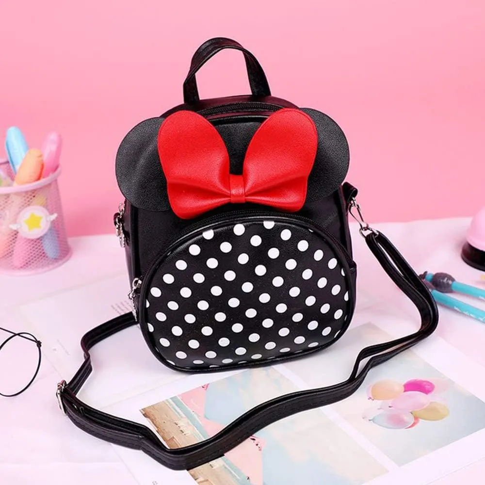 Voikukka Kids Black Crossbody Purse Mini Cute Minnie Mouse Backpacks Purse for Toddlers Daypack Little Girls Small Leather Wallet, 8.7 x 7 x 3.5 inch