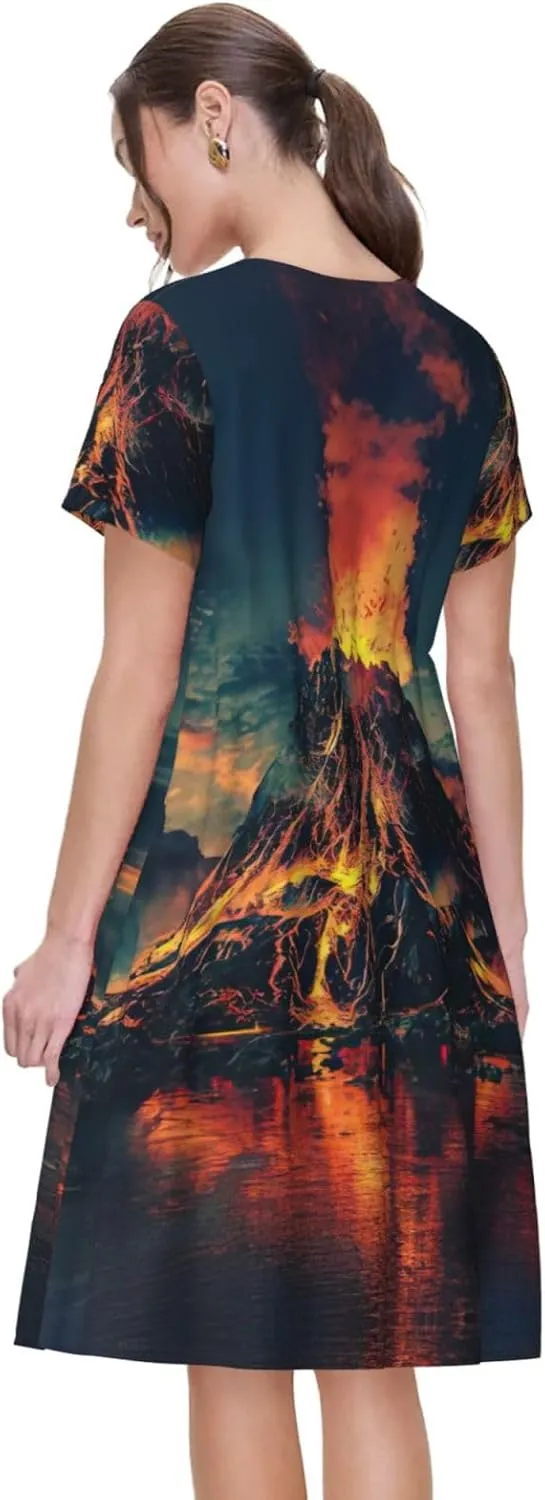Volcano Print Stylish Summer for Women Maxi Dresses,Flowy,Short Sleeve,with Side Pockets
