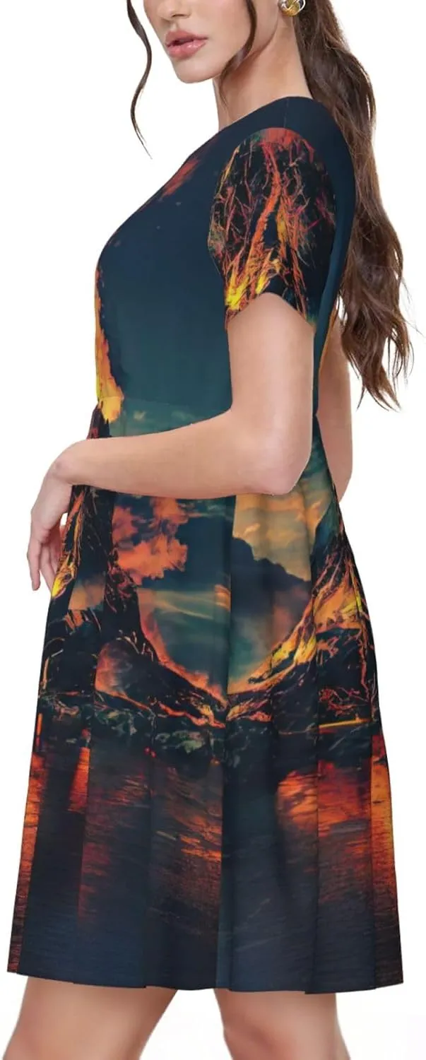Volcano Print Stylish Summer for Women Maxi Dresses,Flowy,Short Sleeve,with Side Pockets