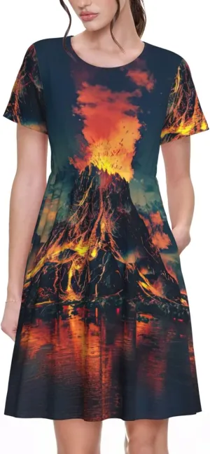 Volcano Print Stylish Summer for Women Maxi Dresses,Flowy,Short Sleeve,with Side Pockets