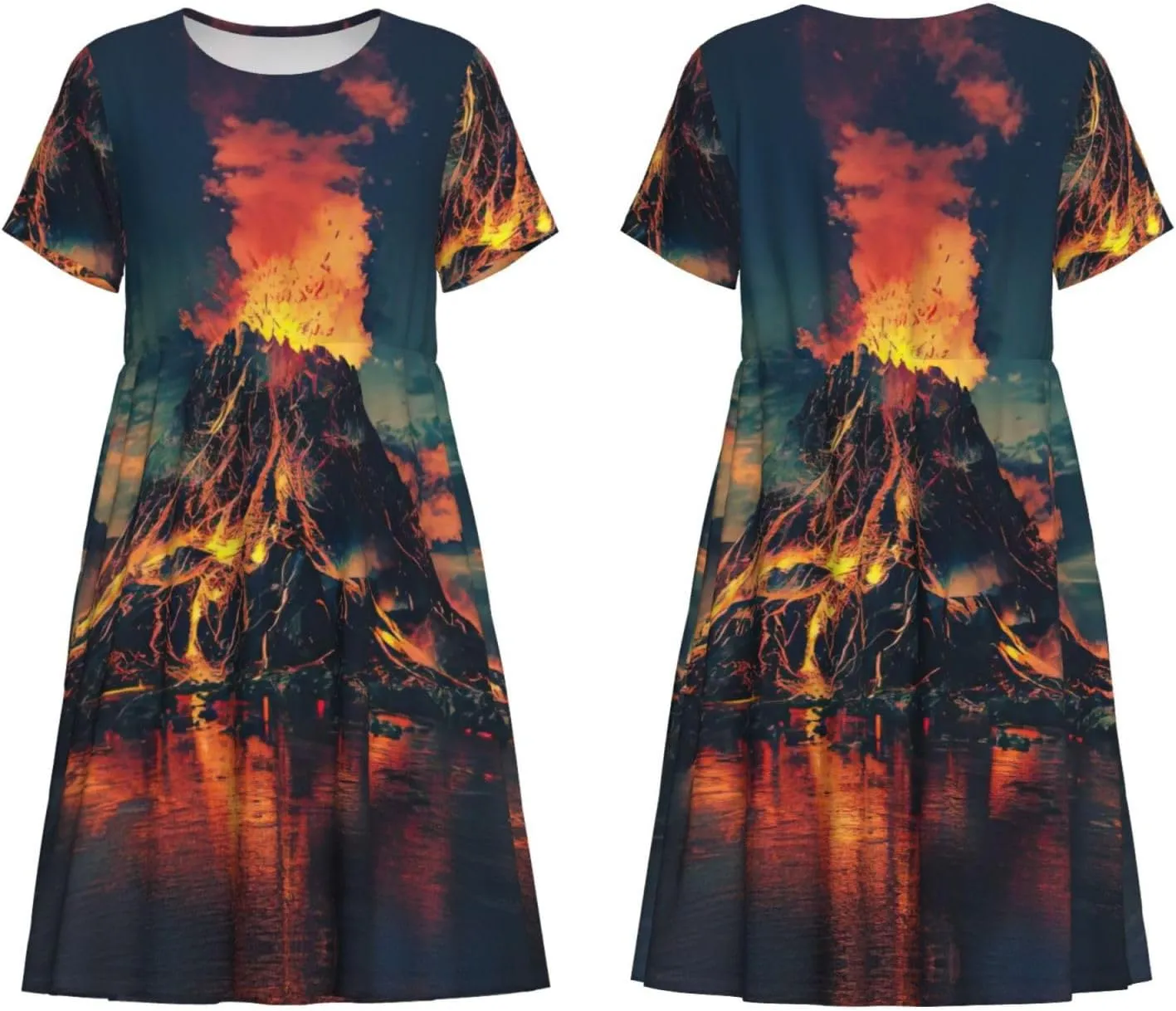 Volcano Print Stylish Summer for Women Maxi Dresses,Flowy,Short Sleeve,with Side Pockets