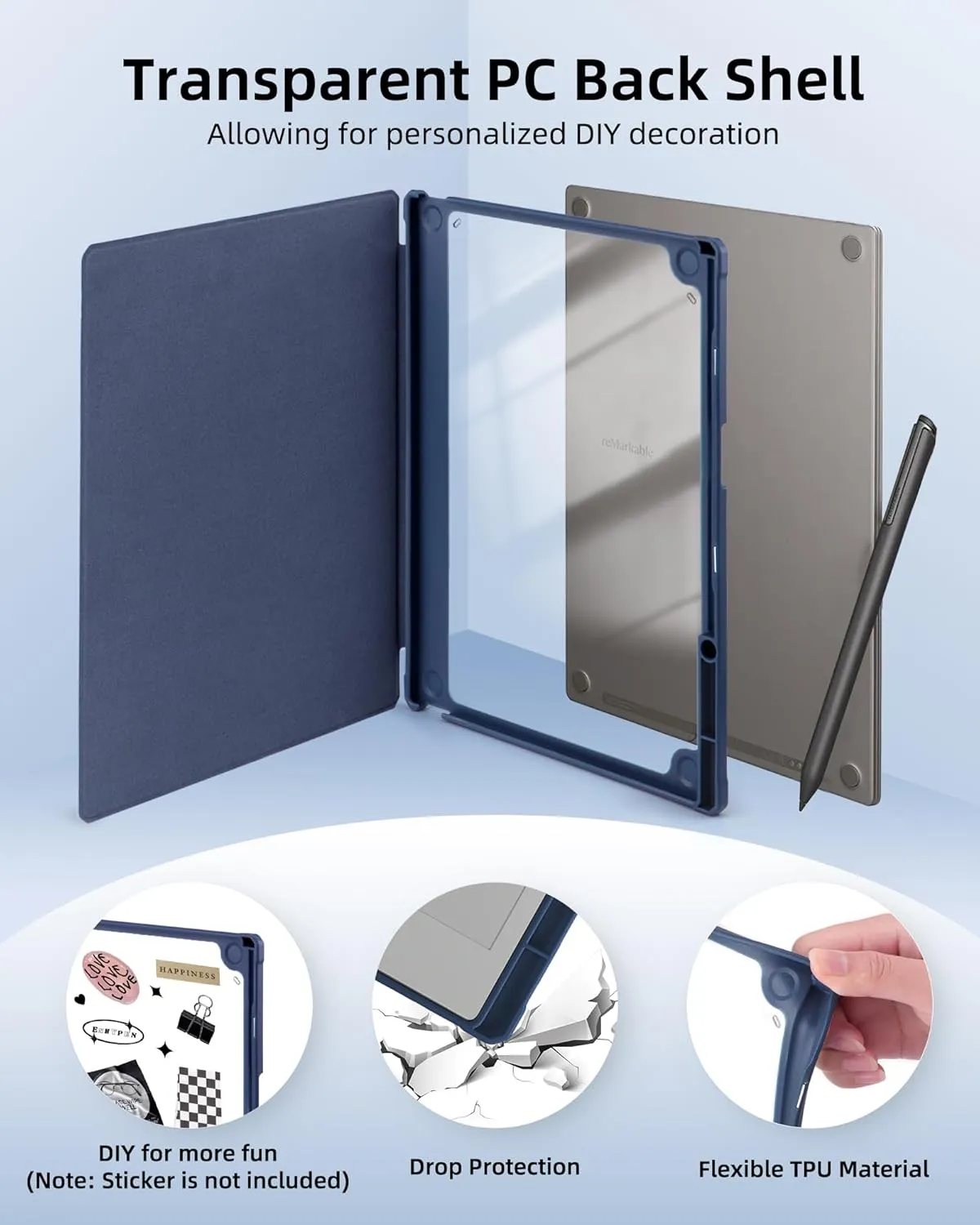 WALNEW Case for Remarkable Paper Pro, Transparent Hard PC Back Book Folio Shell with Pen Holder, Protective Cover for Remarkable Paper Pro 11.8" Color Tablet (2024), Navyblue