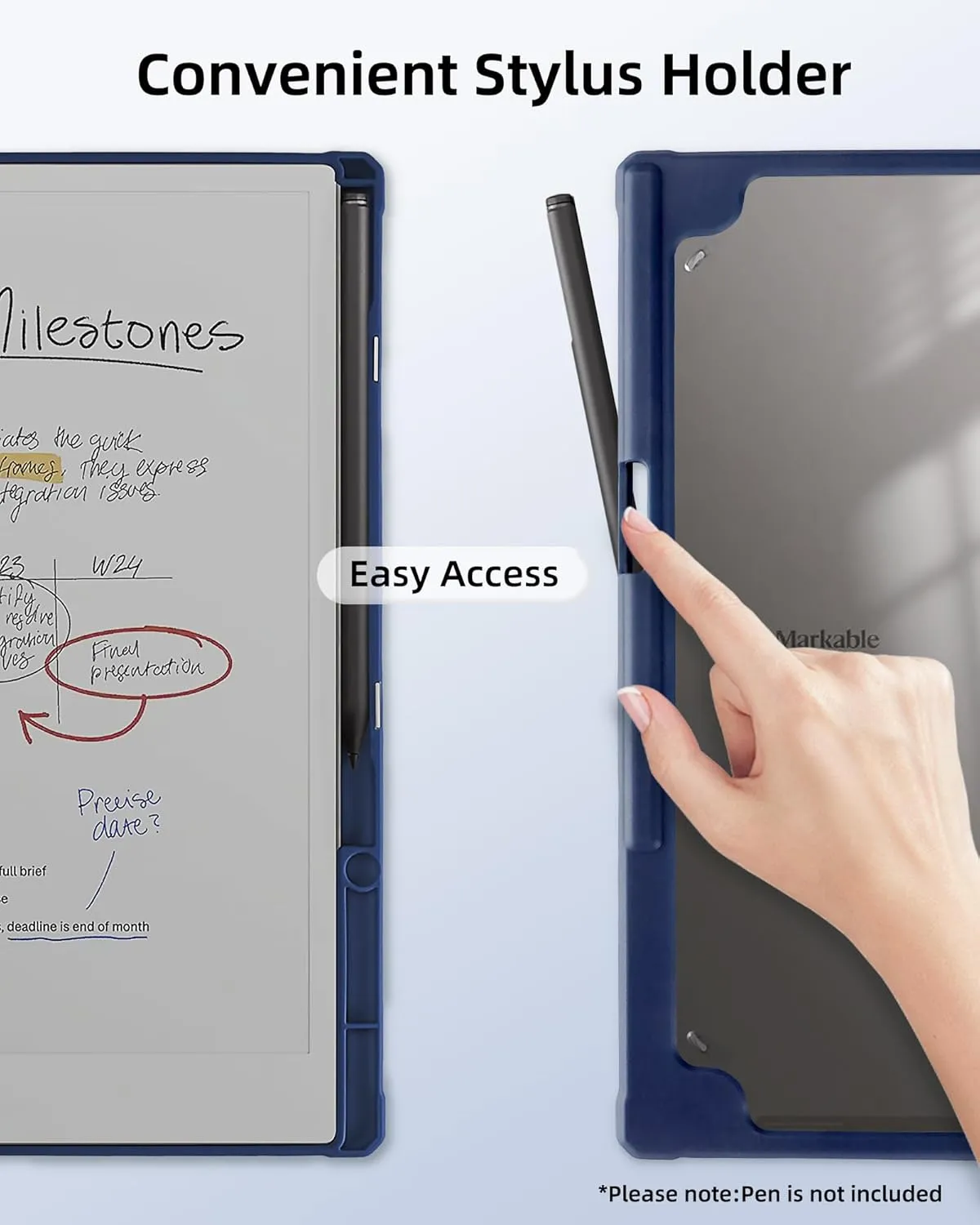 WALNEW Case for Remarkable Paper Pro, Transparent Hard PC Back Book Folio Shell with Pen Holder, Protective Cover for Remarkable Paper Pro 11.8" Color Tablet (2024), Navyblue