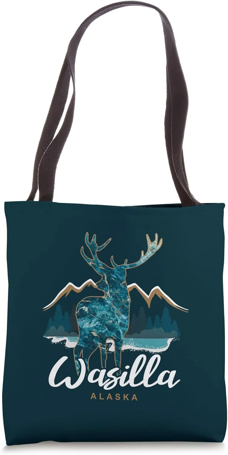 Wasilla Alaska USA Mountains Caribou Graphic Souvenir Tote Bag