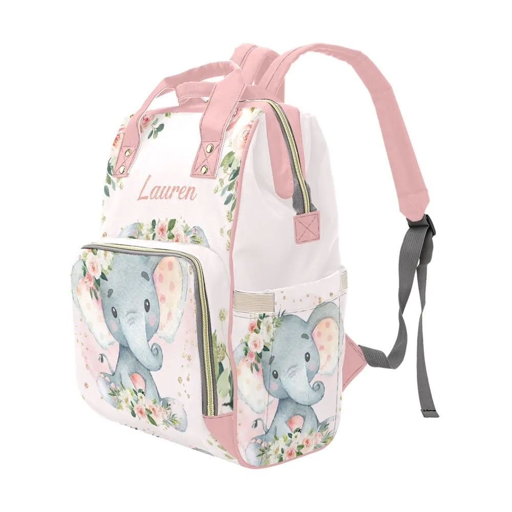 Watercolor Pink Floral Elephant Diaper Bags Backpack with Name Personalized Baby Bag Nursing Nappy Bag Travel Tote Bag Gifts