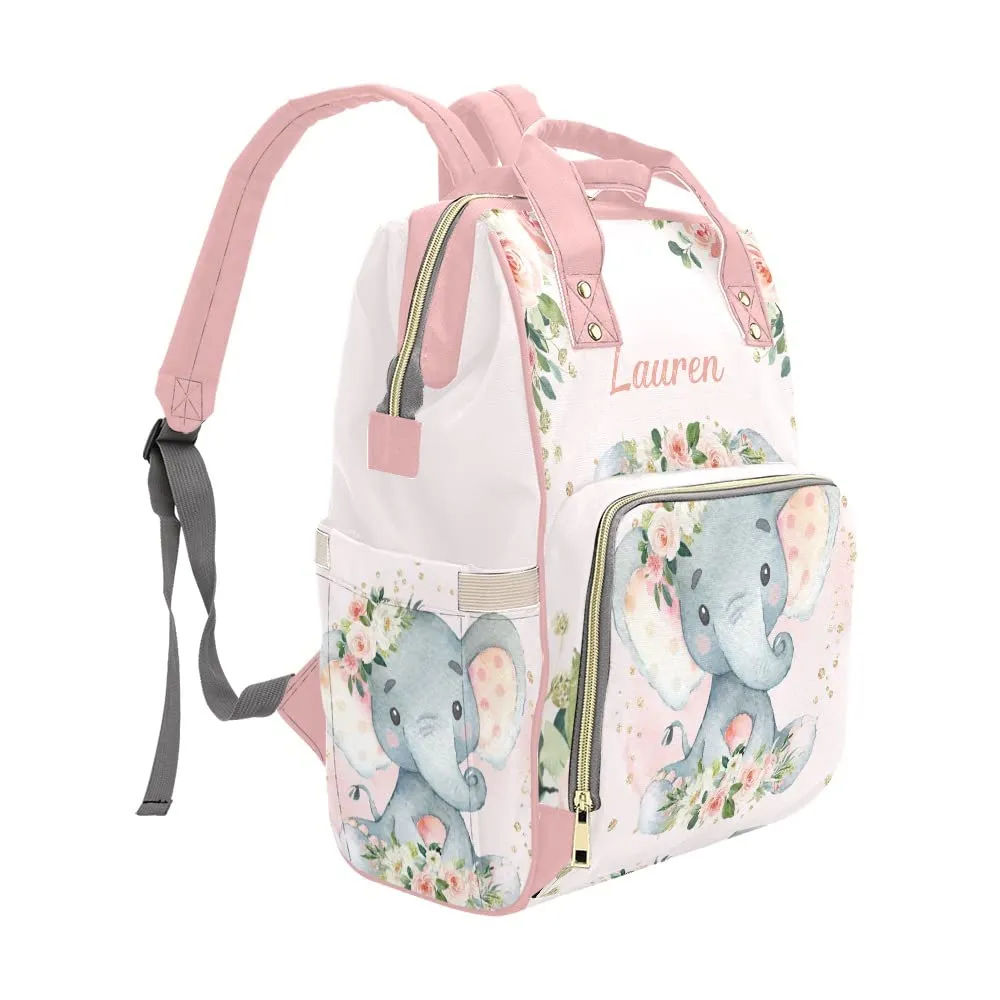 Watercolor Pink Floral Elephant Diaper Bags Backpack with Name Personalized Baby Bag Nursing Nappy Bag Travel Tote Bag Gifts